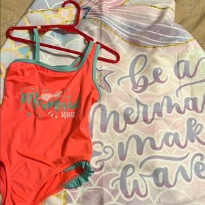NWT Mermaid Squad Kids Swimsuit & hooded towel.
